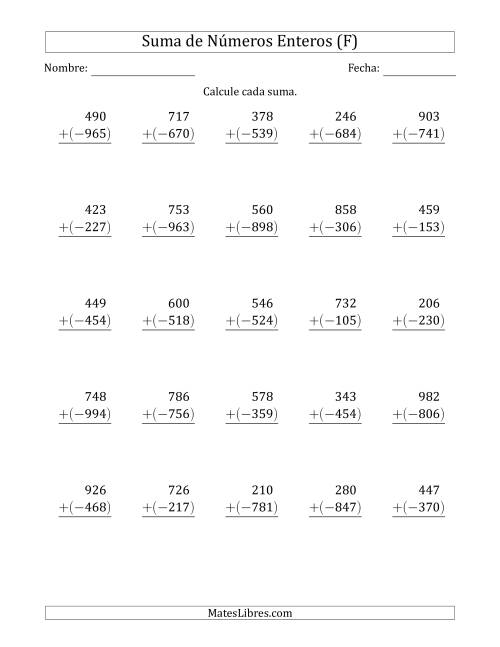 La hoja de ejercicios de Suma de Enteros de Tres Dígitos (Organizados Verticalmente), Un Positivo Más Un Negativo (F)