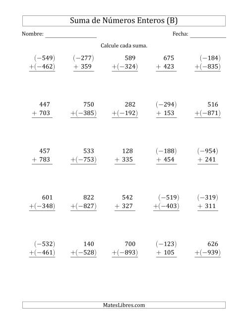 La hoja de ejercicios de Suma de Enteros de Tres Dígitos (Organizados Verticalmente) (B)