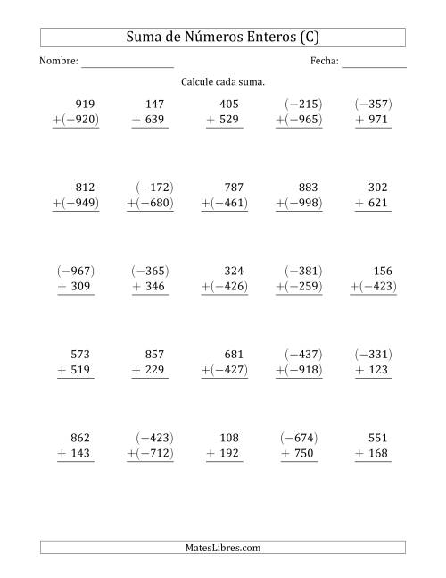 La hoja de ejercicios de Suma de Enteros de Tres Dígitos (Organizados Verticalmente) (C)