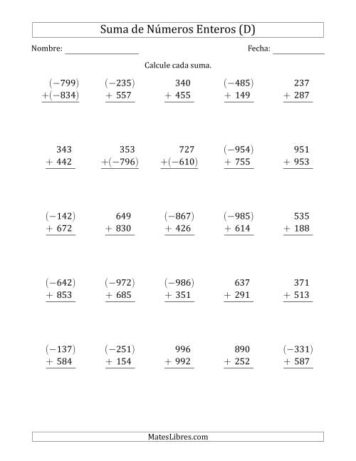 La hoja de ejercicios de Suma de Enteros de Tres Dígitos (Organizados Verticalmente) (D)