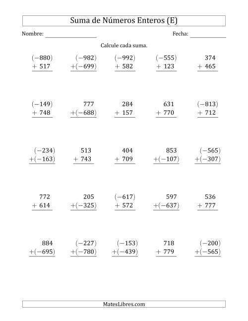 La hoja de ejercicios de Suma de Enteros de Tres Dígitos (Organizados Verticalmente) (E)