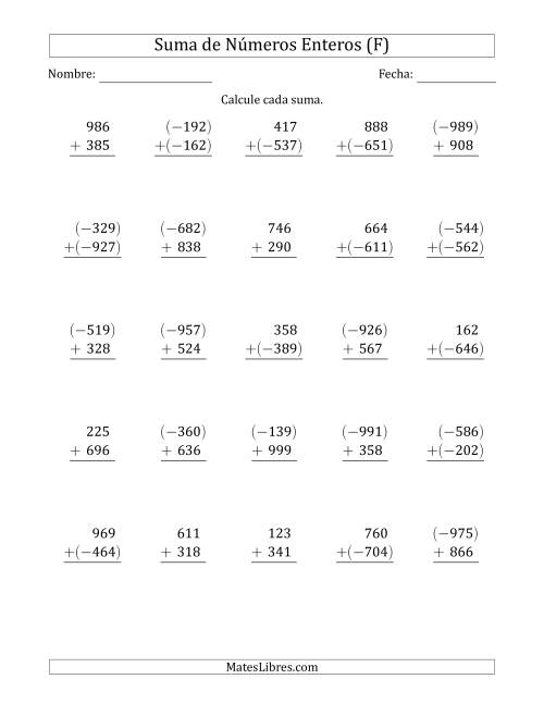 La hoja de ejercicios de Suma de Enteros de Tres Dígitos (Organizados Verticalmente) (F)