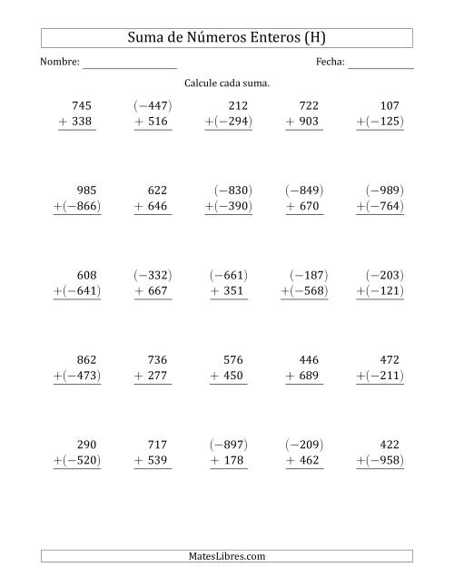 La hoja de ejercicios de Suma de Enteros de Tres Dígitos (Organizados Verticalmente) (H)