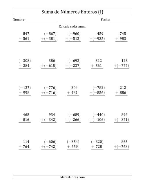 La hoja de ejercicios de Suma de Enteros de Tres Dígitos (Organizados Verticalmente) (I)