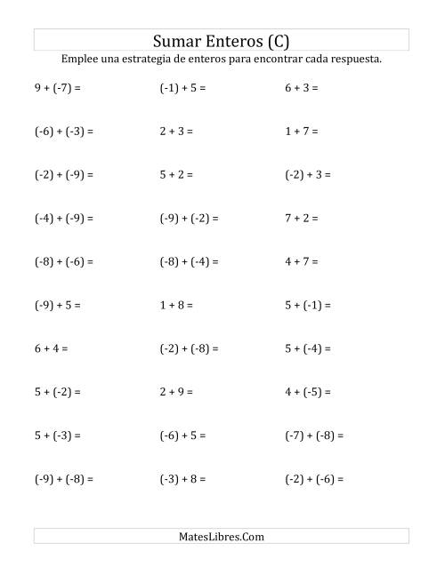 La hoja de ejercicios de Adición de Enteros -- Paréntesis Alrededor de los Números Negativos, Rango de (-9) a 9 (C)