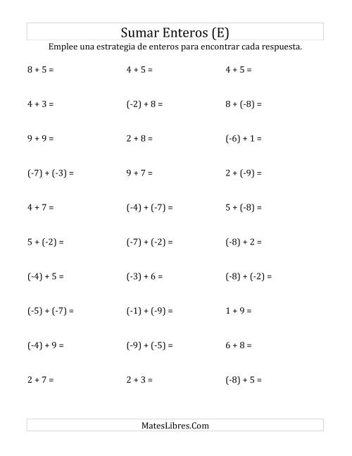 La hoja de ejercicios de Adición de Enteros -- Paréntesis Alrededor de los Números Negativos, Rango de (-9) a 9 (E)