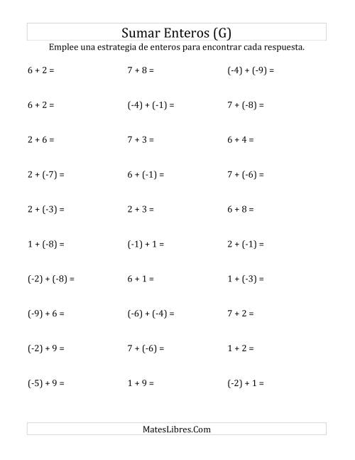 La hoja de ejercicios de Adición de Enteros -- Paréntesis Alrededor de los Números Negativos, Rango de (-9) a 9 (G)