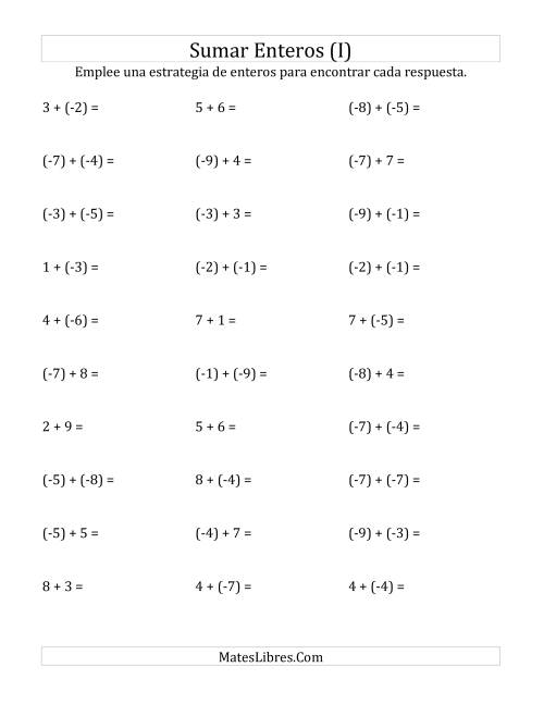 La hoja de ejercicios de Adición de Enteros -- Paréntesis Alrededor de los Números Negativos, Rango de (-9) a 9 (I)
