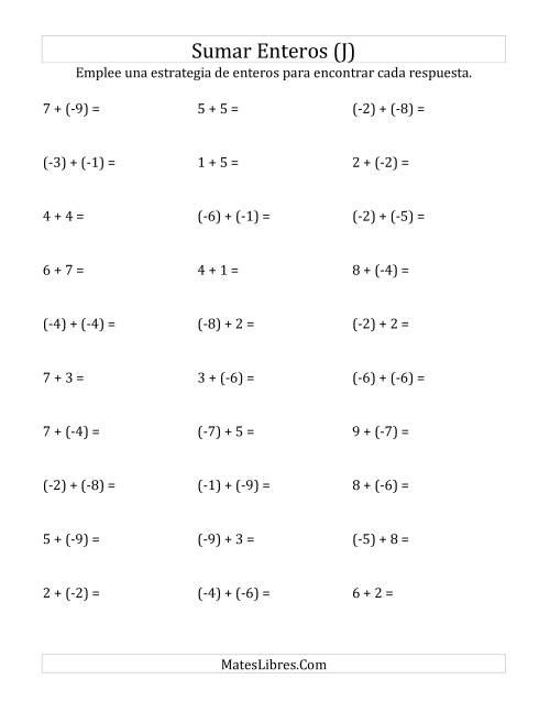 La hoja de ejercicios de Adición de Enteros -- Paréntesis Alrededor de los Números Negativos, Rango de (-9) a 9 (J)
