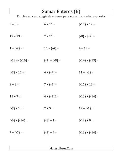 La hoja de ejercicios de Adición de Enteros -- Paréntesis Alrededor de los Números Negativos, Rango de (-15) a 15 (B)