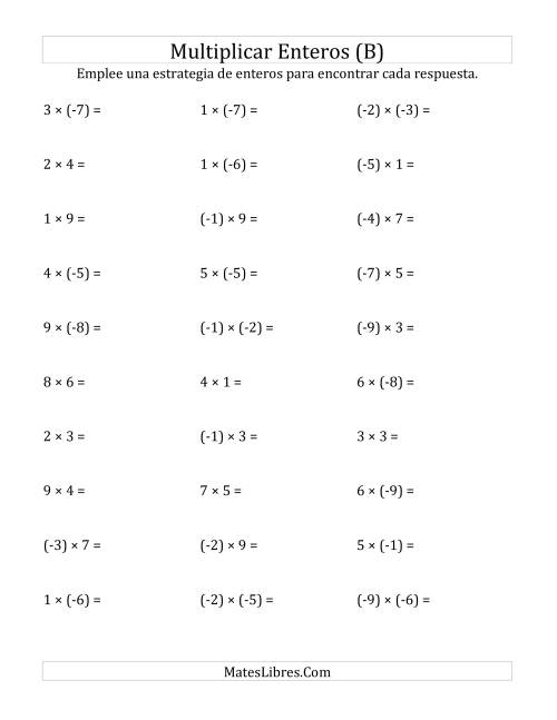 La hoja de ejercicios de Multiplicación de Enteros, Rango de (-9) a 9 (B)
