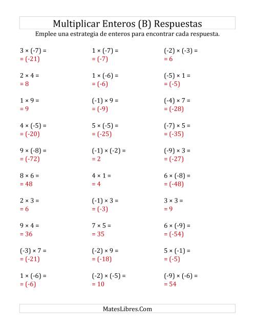 La hoja de ejercicios de Multiplicación de Enteros, Rango de (-9) a 9 (B) Página 2