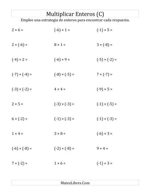 La hoja de ejercicios de Multiplicación de Enteros, Rango de (-9) a 9 (C)