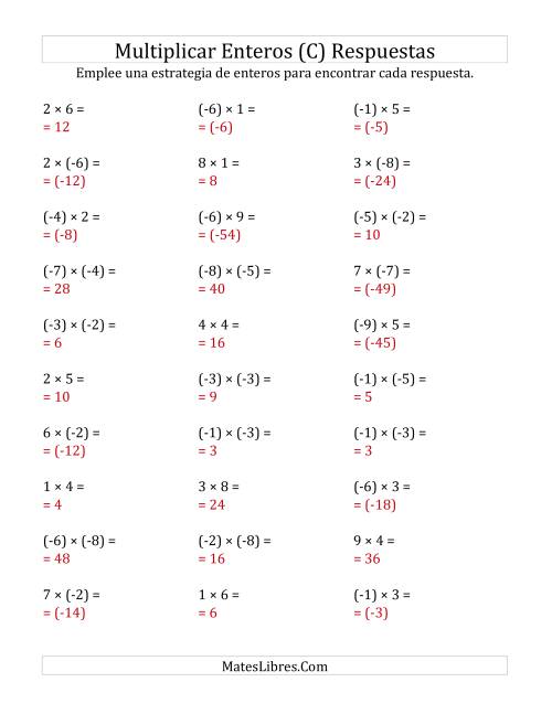 La hoja de ejercicios de Multiplicación de Enteros, Rango de (-9) a 9 (C) Página 2