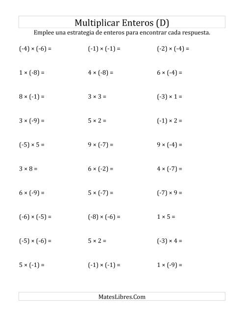 La hoja de ejercicios de Multiplicación de Enteros, Rango de (-9) a 9 (D)