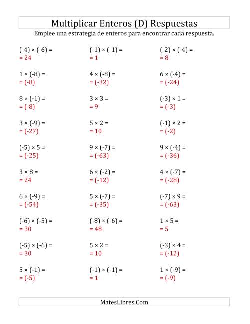 La hoja de ejercicios de Multiplicación de Enteros, Rango de (-9) a 9 (D) Página 2