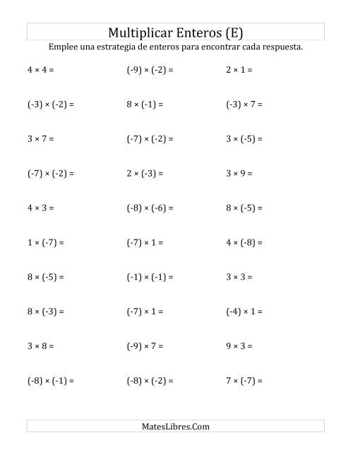 La hoja de ejercicios de Multiplicación de Enteros, Rango de (-9) a 9 (E)