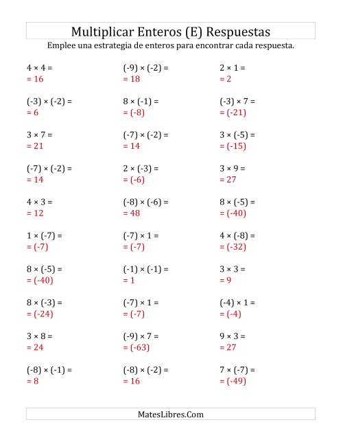La hoja de ejercicios de Multiplicación de Enteros, Rango de (-9) a 9 (E) Página 2