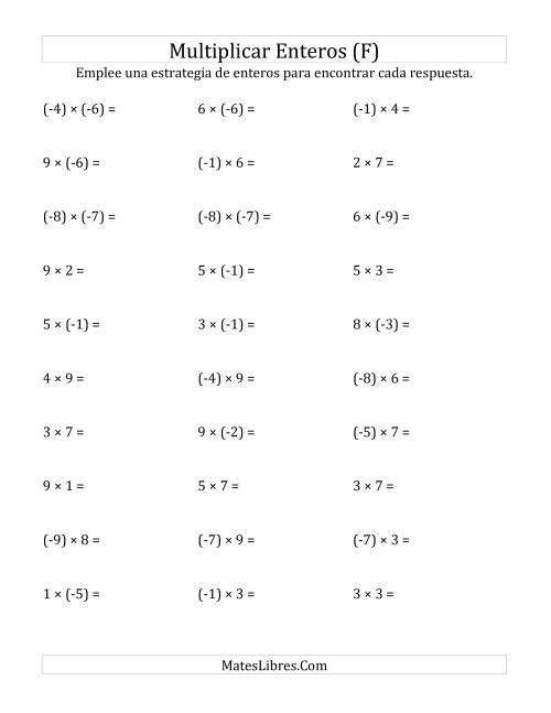 La hoja de ejercicios de Multiplicación de Enteros, Rango de (-9) a 9 (F)