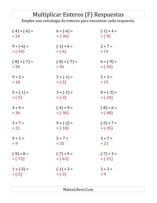 La hoja de ejercicios de Multiplicación de Enteros, Rango de (-9) a 9 (F) Página 2