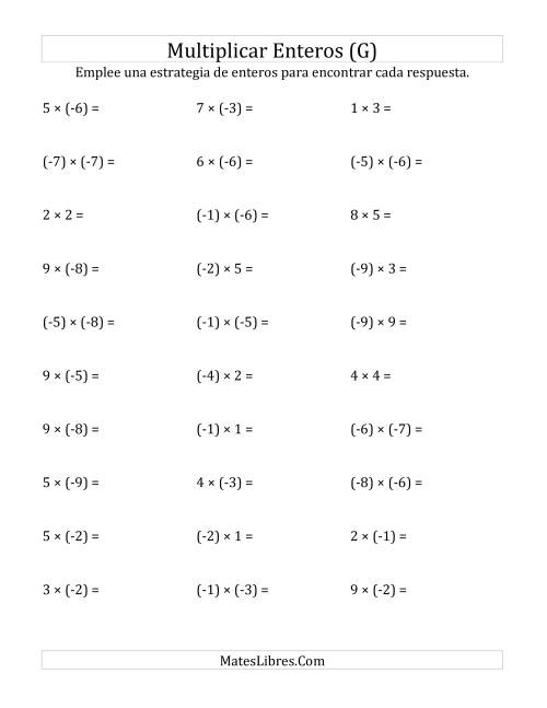 La hoja de ejercicios de Multiplicación de Enteros, Rango de (-9) a 9 (G)