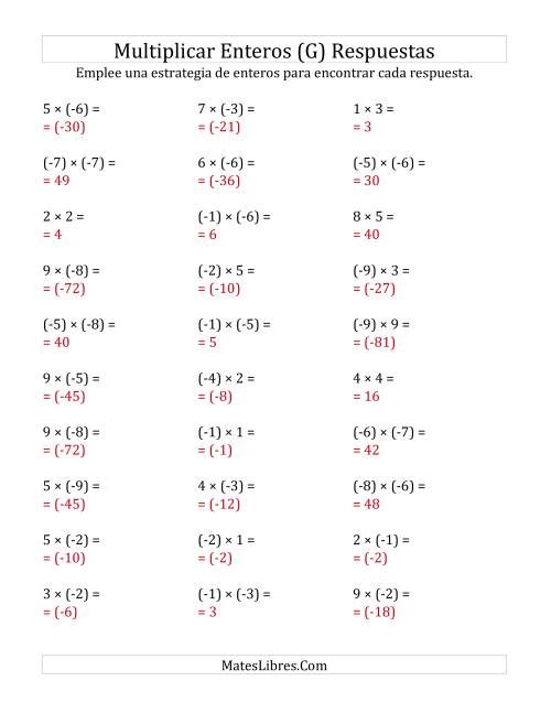 La hoja de ejercicios de Multiplicación de Enteros, Rango de (-9) a 9 (G) Página 2
