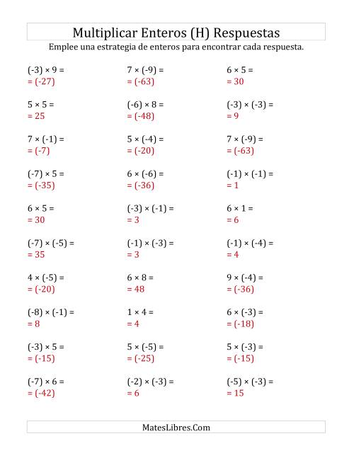 La hoja de ejercicios de Multiplicación de Enteros, Rango de (-9) a 9 (H) Página 2