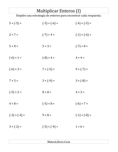 La hoja de ejercicios de Multiplicación de Enteros, Rango de (-9) a 9 (I)