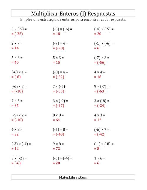 La hoja de ejercicios de Multiplicación de Enteros, Rango de (-9) a 9 (I) Página 2