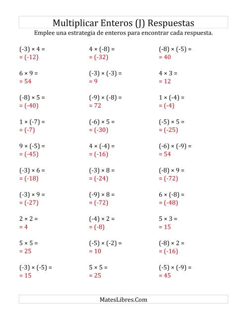 La hoja de ejercicios de Multiplicación de Enteros, Rango de (-9) a 9 (J) Página 2
