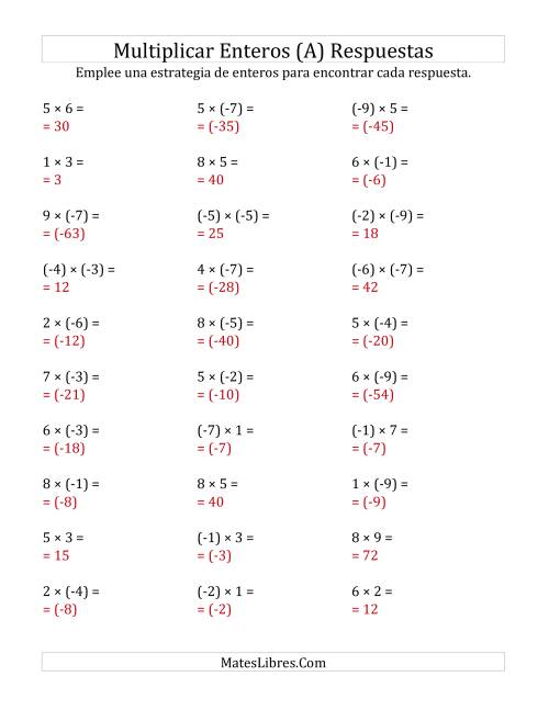 La hoja de ejercicios de Multiplicación de Enteros, Rango de (-9) a 9 (Todas) Página 2