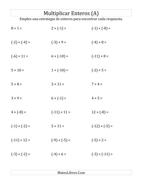 La hoja de ejercicios de Multiplicación de Enteros, Rango de (-12) a 12 (A)
