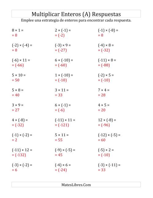 La hoja de ejercicios de Multiplicación de Enteros, Rango de (-12) a 12 (A) Página 2