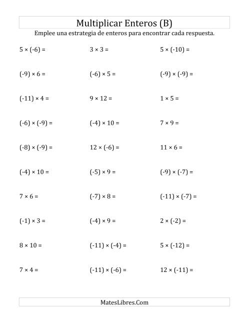 La hoja de ejercicios de Multiplicación de Enteros, Rango de (-12) a 12 (B)