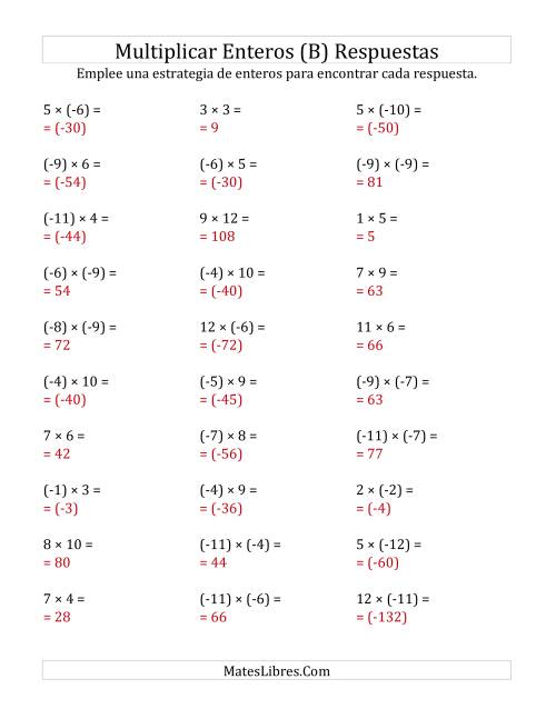La hoja de ejercicios de Multiplicación de Enteros, Rango de (-12) a 12 (B) Página 2