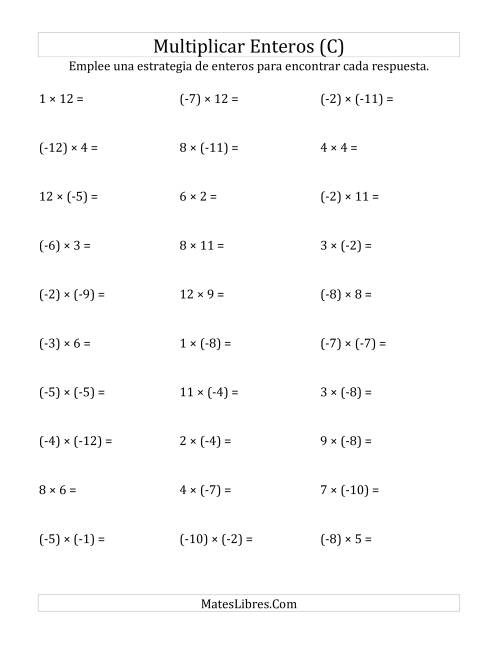 La hoja de ejercicios de Multiplicación de Enteros, Rango de (-12) a 12 (C)