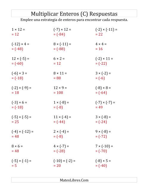 La hoja de ejercicios de Multiplicación de Enteros, Rango de (-12) a 12 (C) Página 2