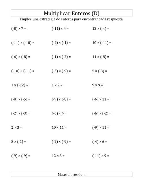La hoja de ejercicios de Multiplicación de Enteros, Rango de (-12) a 12 (D)