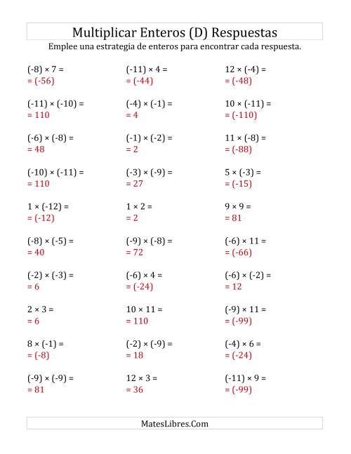 La hoja de ejercicios de Multiplicación de Enteros, Rango de (-12) a 12 (D) Página 2