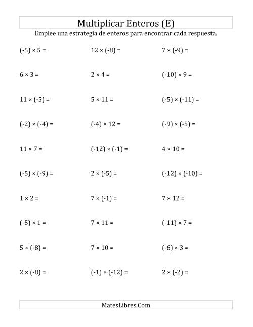 La hoja de ejercicios de Multiplicación de Enteros, Rango de (-12) a 12 (E)