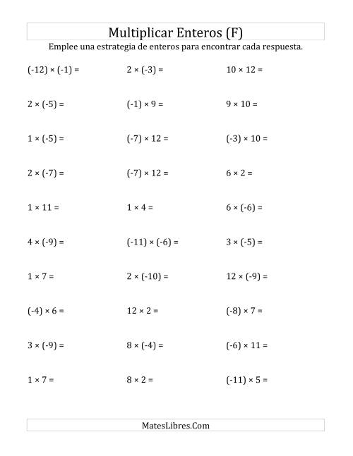 La hoja de ejercicios de Multiplicación de Enteros, Rango de (-12) a 12 (F)