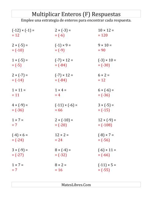 La hoja de ejercicios de Multiplicación de Enteros, Rango de (-12) a 12 (F) Página 2
