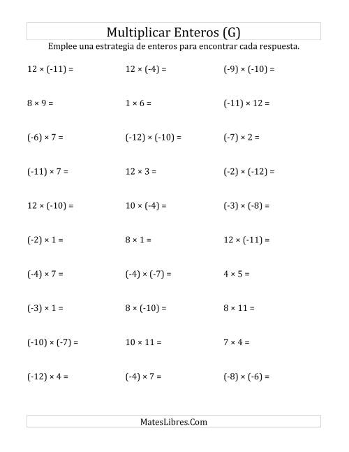 La hoja de ejercicios de Multiplicación de Enteros, Rango de (-12) a 12 (G)