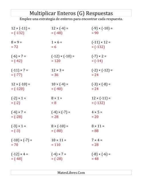 La hoja de ejercicios de Multiplicación de Enteros, Rango de (-12) a 12 (G) Página 2