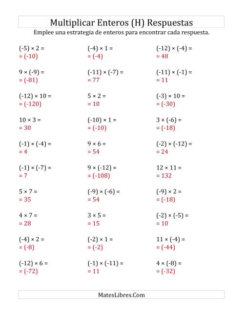 La hoja de ejercicios de Multiplicación de Enteros, Rango de (-12) a 12 (H) Página 2