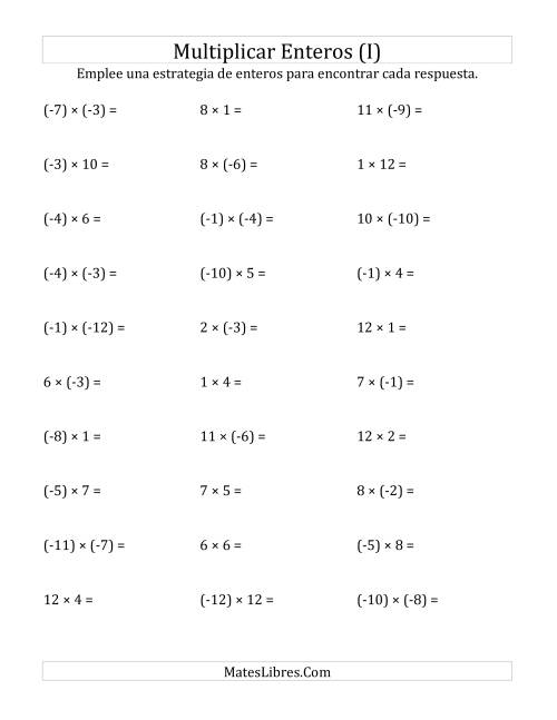 La hoja de ejercicios de Multiplicación de Enteros, Rango de (-12) a 12 (I)