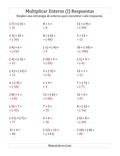 La hoja de ejercicios de Multiplicación de Enteros, Rango de (-12) a 12 (I) Página 2