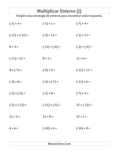 La hoja de ejercicios de Multiplicación de Enteros, Rango de (-12) a 12 (J)