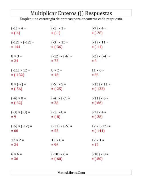 La hoja de ejercicios de Multiplicación de Enteros, Rango de (-12) a 12 (J) Página 2