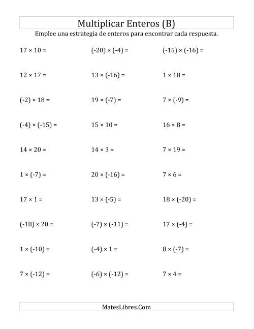 La hoja de ejercicios de Multiplicación de Enteros, Rango de (-20) a 20 (B)